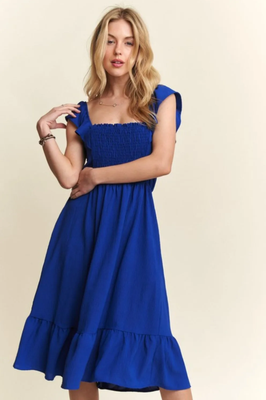 ADORA Smocked Square Neck Ruffled Cap Sleeve Dress | Prestige Salon & Boutique ADORA Smocked Square Neck Ruffled Cap Sleeve Dress | Prestige Salon & Boutique